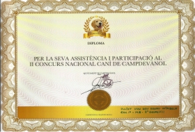Diploma otorgado por la asistencia y participación en el II concurso nacional canino en Campdevanòl