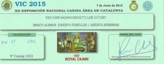 Tarjeta XX Exposición Nacional Canina Área de Catalunya EXC 1ª CAC