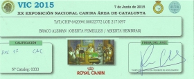 Tarjeta XX Exposición Nacional Canina Área de Catalunya EXC 1ª CAC - VIC 2015.